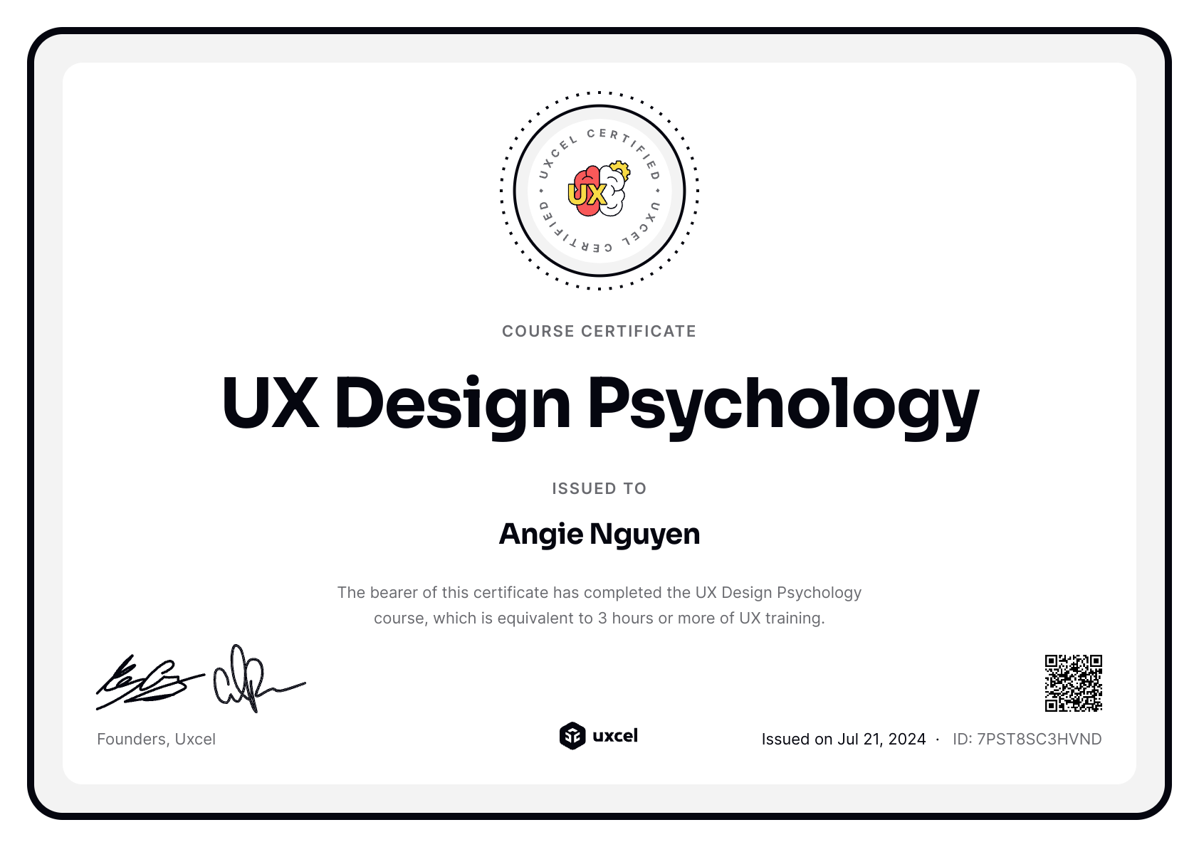 Angie Nguyen's certificate